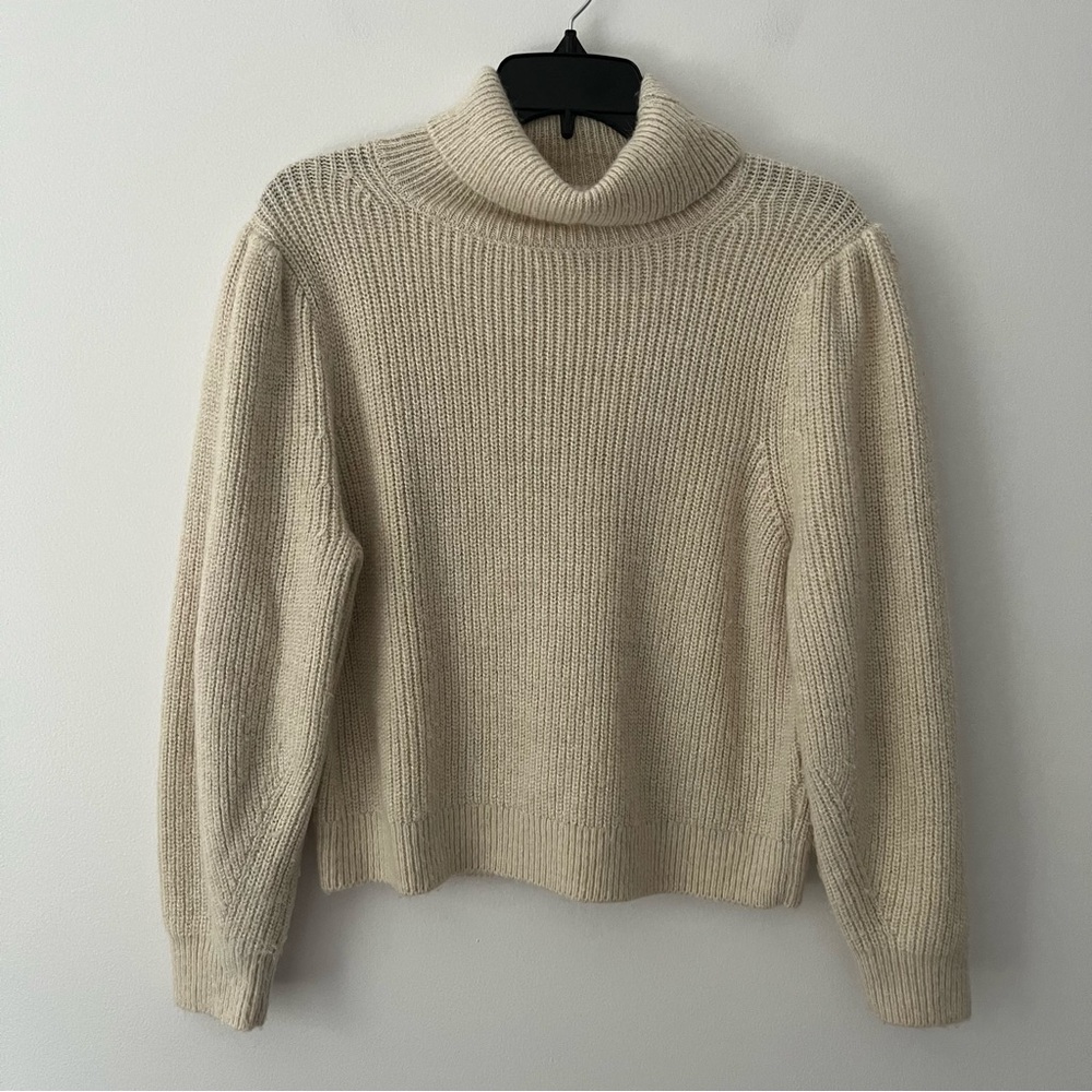 J Crew Cropped Puff Sleeve Turtleneck Sweater Ivory Wool Alpaca Large